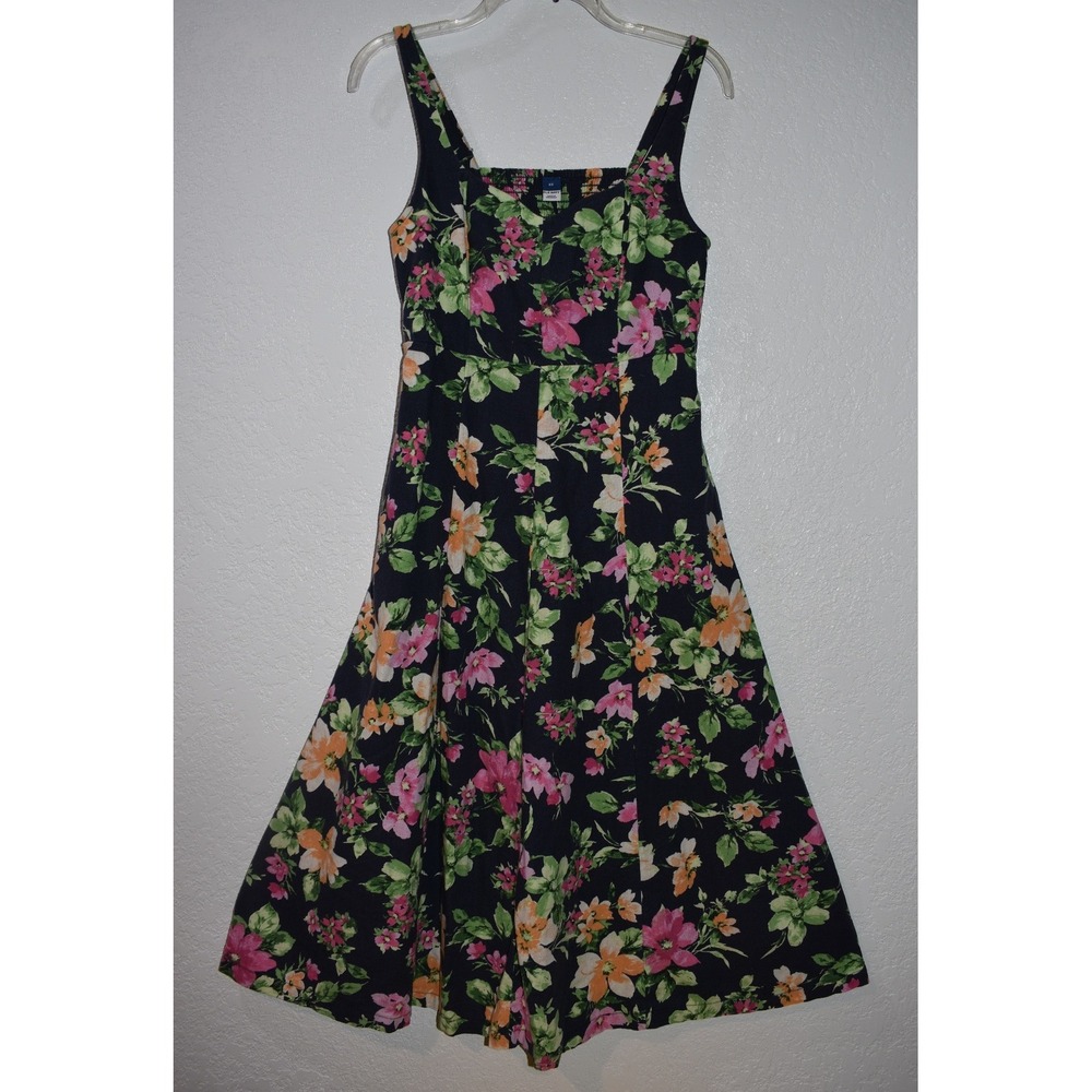 Old Navy XS Smocked Linen Blend‎ Sleeveless Midi Dress Floral Sweetheart Flared